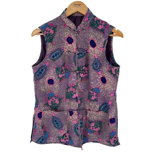 Women's Vintage Cheongsam Vest Purple Floral Frog Button Sleeveless Collared M/L - Picture 1 of 8