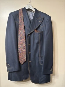 Traje MECCA 3 Piezas Azul Marino Oscuro Diseñado en Italia Talla 44L 38W Chaleco Pantalones Excelente - Imagen 1 de 10