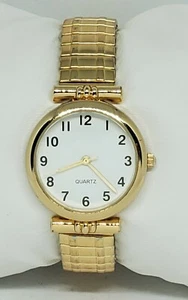Ladies Beautiful Gold Tone Round Stretchy Bracelet White Dial Analog Watch C2 - Picture 1 of 9