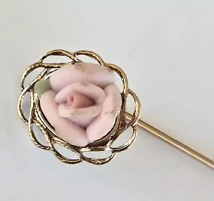 Vintage Porzellan Rosa Rose & Blatt Gold Ton Stecknadel 2-3/8" - Bild 1 von 6