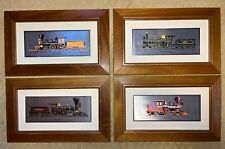 4 Vintage Framed Railroad Steam Engine Foil Train Prints by KERN
