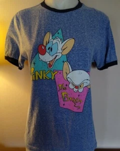 Pinky and the Brain Small Ringer Tee T Shirt 90s Cartoon Retro Blue Unisex - Picture 1 of 3
