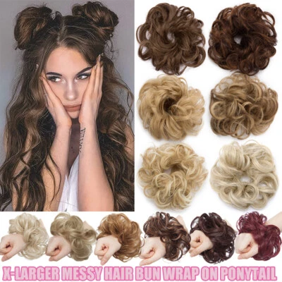 Curly Messy Bun Chic Hair Piece Scrunchie THICK Hair Extensions as Real Human US - Image 1 of 4