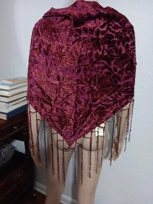 Shawl Wine Velvet Embossed Design And Beaded Fringes - Image 1 of 4