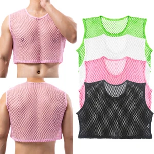 Men's Fishnet Crop Tops Mesh See Through Half Tank Tops T-Shirts Male Mini Vest - Bild 1 von 51