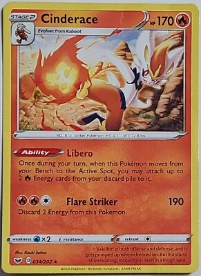 Pokémon TCG Cinderace Sword & Shield 034/202 Regular Rare MP - Image 1 of 4