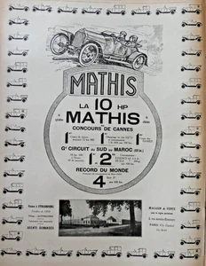 PUBLICITÉ PRESSE 1921 VOITURE MATHIS LA 10 HP CONCOURS DE CANNES RECORD DU MONDE - Picture 1 of 1