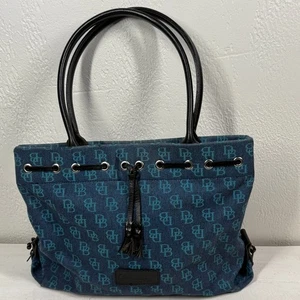 Vintage Dooney & Bourke Blue Monogram Canvas Tote Bag with Leather Trim - Picture 1 of 19