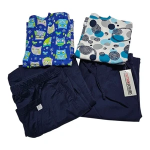 Scrub Tops And Pants XL Owls Circles Blue Multicolor Nursing Uniform Mixed Brand - Picture 1 of 20