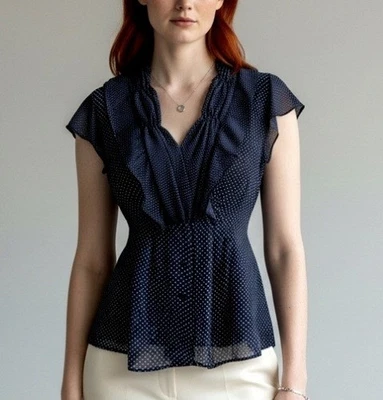 Blusa New York & Company Negra Chifón Lunares Botón Talla S Volantes Transparente Foto 1 de 4