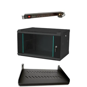 6U 450mm Wall Mount Data Cabinet Flat Pack + Shelf & 6-Way Surge PDU Black - Picture 1 of 6