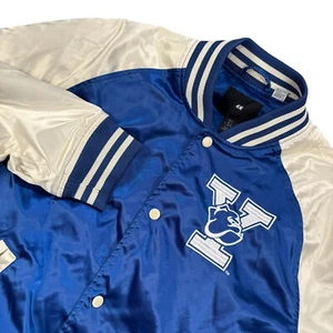 H&M YALE University Satin Varsity Bomber Jacket Embroidered Mens Large Blue Rare - Picture 1 of 11