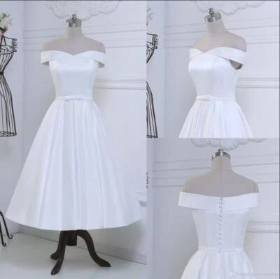 Vestidos de novia cortos hasta el té satinado elegantes fuera del hombro blancos vestidos de novia Foto 1 de 4