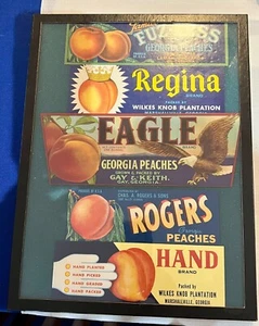 Framed Lot of 5 Georgia Antique Peach Fruit Labels - Picture 1 of 2