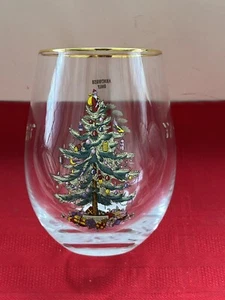 NEW SPODE CHRISTMAS TREE STEMLESS 4.5” WINE GLASS GOLD RIMMED - Picture 1 of 7