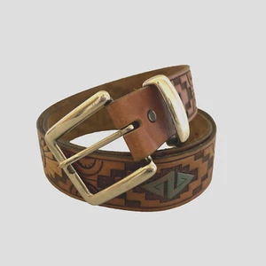 VINTAGE CHAMBERS Belt Men 38 Brown Western HANDPAINTED Native Embossed Tooled - Picture 1 of 8