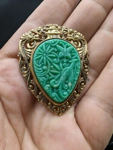 Faux Jade Brass Brooch Pendant Repousse Dragon Temple Shield Design Asian Art - Picture 1 of 10