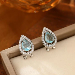 Holiday Jewelry Gift Teardop Swiss Blue Topaz Gemstone Silver Stud Hook Earrings - Picture 1 of 9
