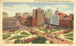 Postal de 1934 vista aérea de Cleveland Ohio con vistas aéreas al sureste de Public Square - Imagen 1 de 2