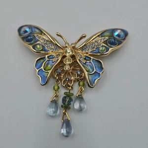 Kirks Folly ‘Lighten Up’ Blue Green Enamel Dangling Glass Bead Butterfly Brooch - Picture 1 of 9