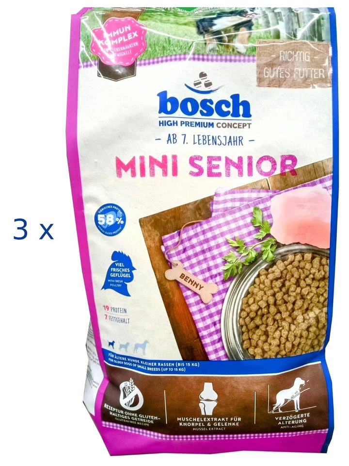 3 x 2,5 kg Bosch Mini Senior Hundefutter 7+ (€ 5,33/kg) für ältere kleine Hunde - Bild 1 von 1