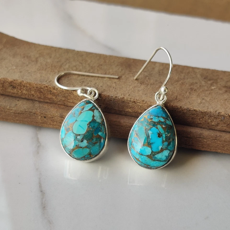 Real Blue Copper Turquoise Earring 925 Sterling Silver Handmade Earring PG8398 - Imagem 1 de 1