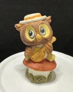 Vintage Bisque Mini Owl Figurine Sitting on Mushroom Playing Banjo 2 3/8" Tall - Picture 1 of 6