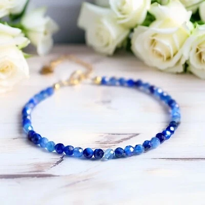 Pulsera de cuentas de cianita azul de 3 mm cristal curativo minimalista delicada joyería para mujer Foto 1 de 2