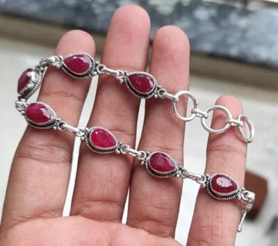 Brazalete hecho a mano de plata esterlina 925 con piedras preciosas de rubí natural para mujer P#126 Foto 1 de 4