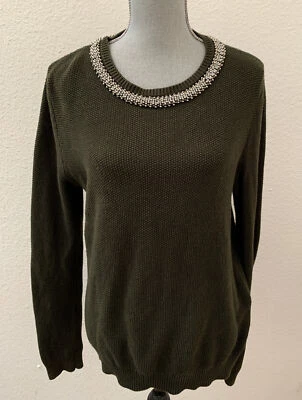 Suéter feminino Forever 21 verde escuro grande decote enfeitado algodão RARO HTF - Imagem 1 de 4