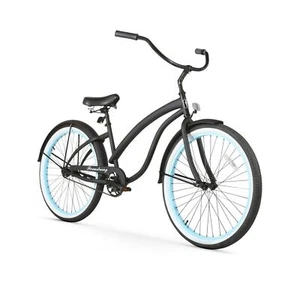 Firmstrong Bella Fashionista Beach Cruiser Bicycle Matte Black/Blue Rims - Picture 1 of 1