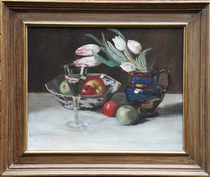 WILLIAM NICHOLSON circle British 1920s ART FLORAL STILL LIFE OIL PAINTING TULIPS - Picture 1 of 12