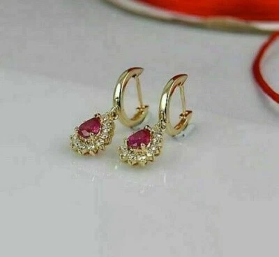 3.30Ct Pear Ruby Lab Created Woman's Earrings 14K Yellow Gold Plated - Image 1 of 4