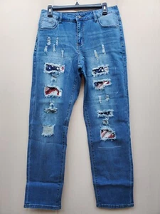 Women's Ripped Star Print Hole Jeans Distressed Straight Leg High Rise Pants - Picture 1 of 6