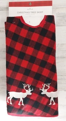 Hallmark Red Christmas Tree Skirt Plaid Silver Moose 48in DIA NEW - Image 1 of 4