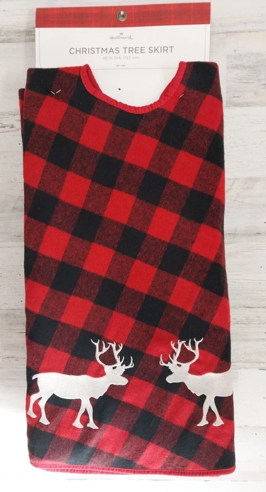 Hallmark Red Christmas Tree Skirt Plaid Silver Moose 48in DIA NEW - Image 1 of 4