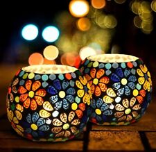 Twinkling Diwali Magic: 2-Pack Glass Mosaic Tealight Candle Holders for Decor