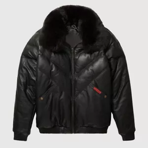 Men V-Bomber Sheep Leather Faux Down Goose Jacket with Detachable Fox Fur Collar - Picture 1 of 6