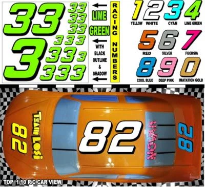 LIME GREEN  (#3's) Racing Numbers Decal Sticker Sheet 1/8-1/10-1/12 | RC die-cut - Image 1 of 4