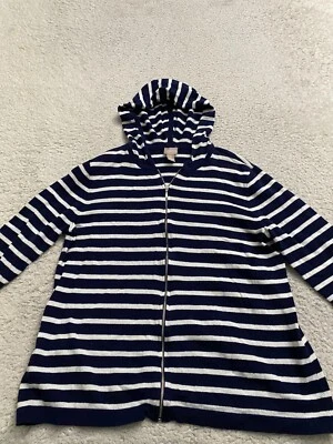 Chico's Women Striped 3/4 Sleeve Full Zip Active Wear Hoodie Navy Size 1 (US 8) - Image 1 of 4