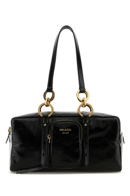 PRADA Gold Ring Detail Black Leather Shoulder Bag New & Authentic - Image 1 of 4