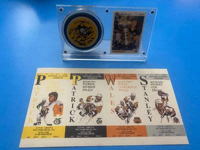 Disco de hockey firmado Stanley Cup Mario Lemieux Pittsburgh Penguins 1991 JSA #2 Foto 1 de 4