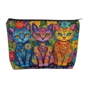 Cat Trio Psychedelic Makeup Bag - Colorful Art Cosmetic Travel Pouch Case - Picture 1 of 7