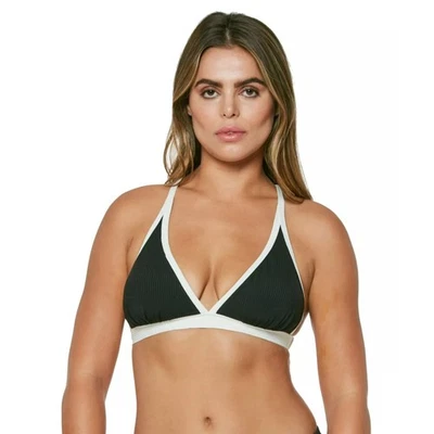 Top de bikini Jessica Simpson acanalado espalda cruzada talla D L negro marfil nuevo triángulo  Foto 1 de 4