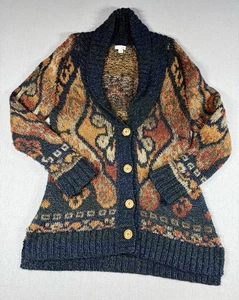 J Jill Sweater M Button Aztec Chunky Knit Cardigan Blue Hippie Boho Grunge Wool - Picture 1 of 13
