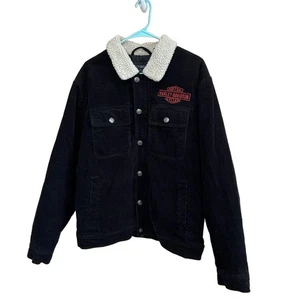 Harley-Davidson Black Corduroy Sherpa Trucker Jacket Size L Embroidered Biker - Picture 1 of 8