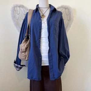 Camisa Indie Skater Grunge Grande Abotonada Manga Larga Azul Mezcla Cachemira - Imagen 1 de 8