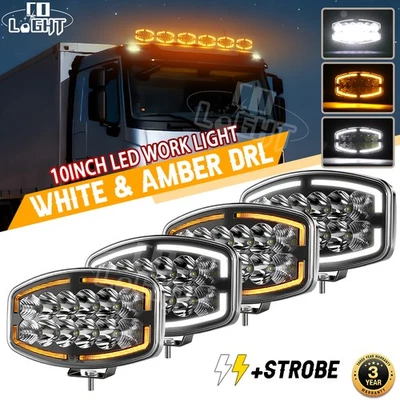 4X 12v 24v 10" Jumbo Oval LED Spot Lamp Dual White & Amber  DRL Driving Light - Image 1 of 4