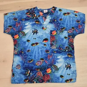 Women's Scrub fish ocean coral theme 100% cotton size Small - Picture 1 of 11