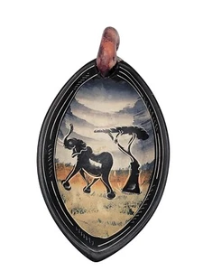 African Handled Wood Bowl Elephant And Tree Scene Hand Painted 8" Vintage 2008 - Picture 1 of 6